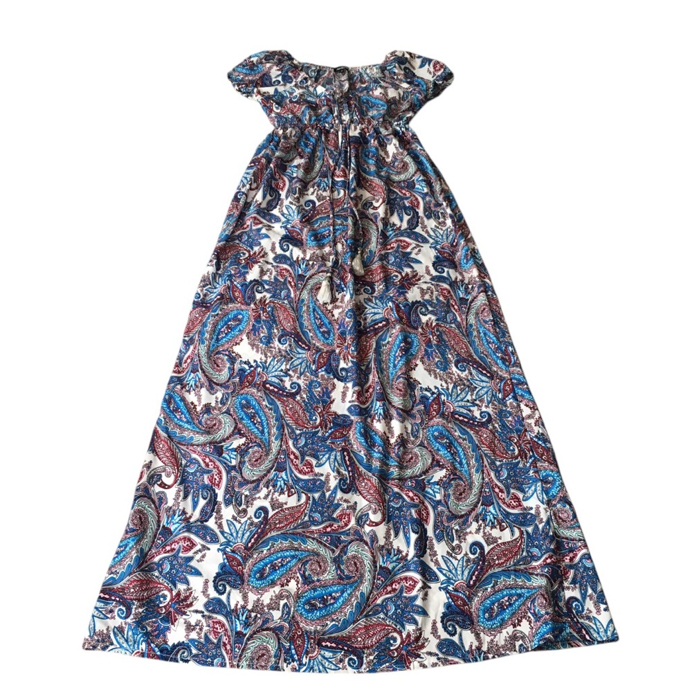 Natura Blue Red Paisley Print Short Sleeves Long Dress S